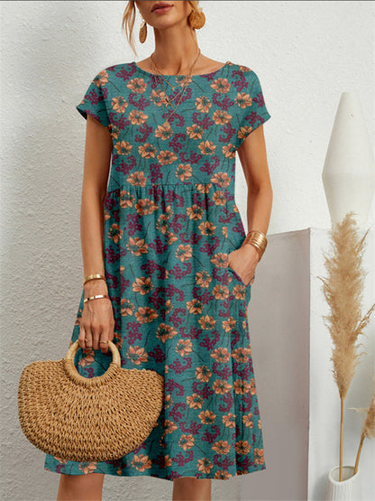 New Loose Cotton and Linen Sleeveless Round Neck Printed A-line Skirt