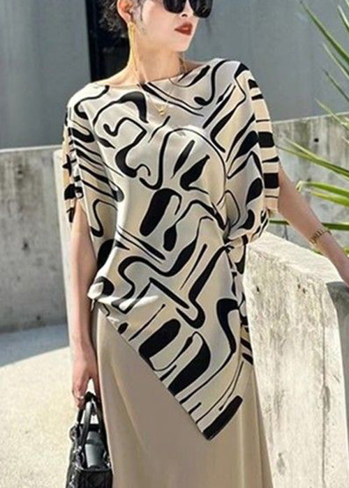 Beige Asymmetrical Print Cotton Blouse Tops Summer