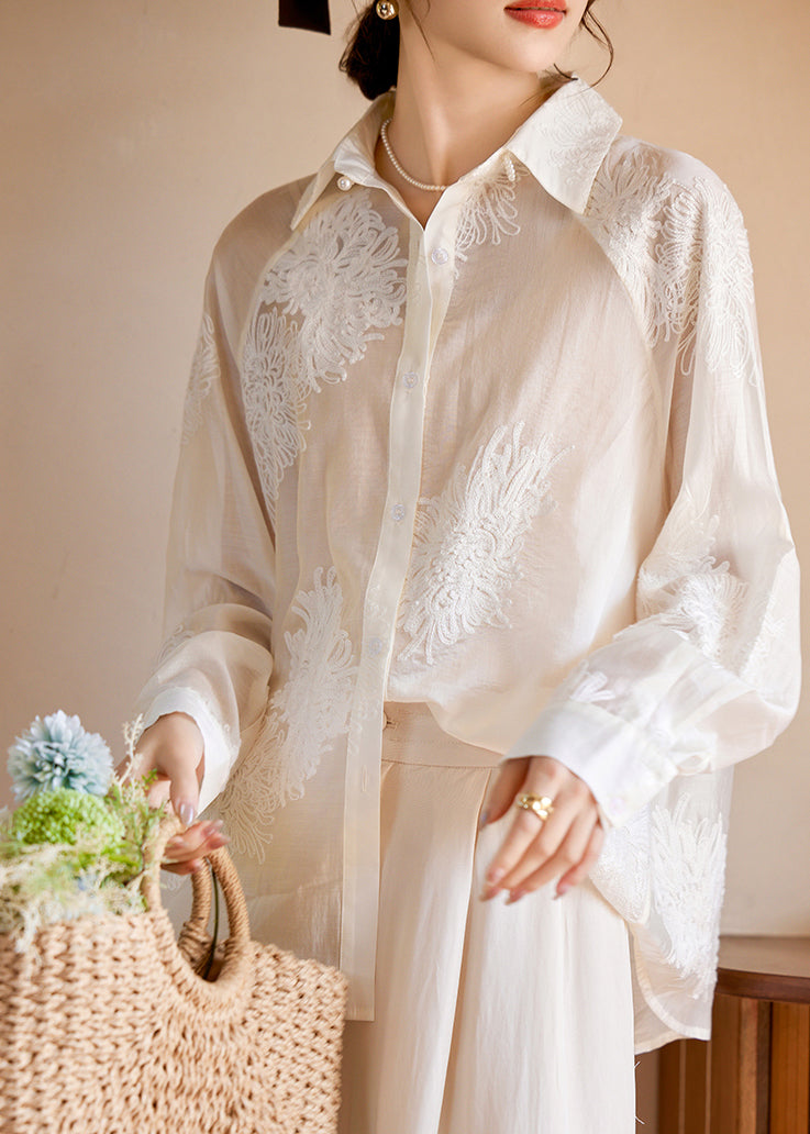 White Peter Pan Collar Embroidered Button Silk Shirts Fall