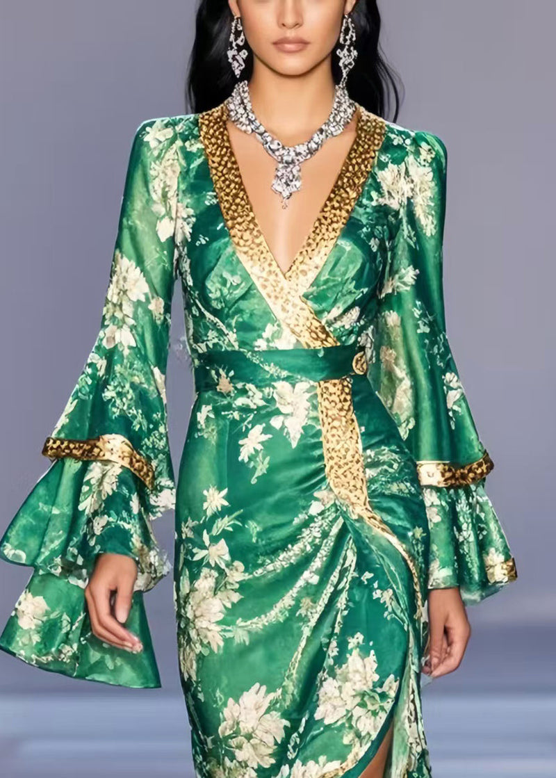 Italian Green Wraped Side Open Chiffon Ankle Dress Flare Sleeve