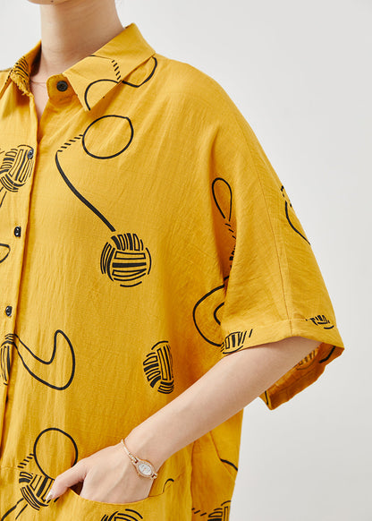 Yellow Oversized Print Cotton Holiday Dress Summer