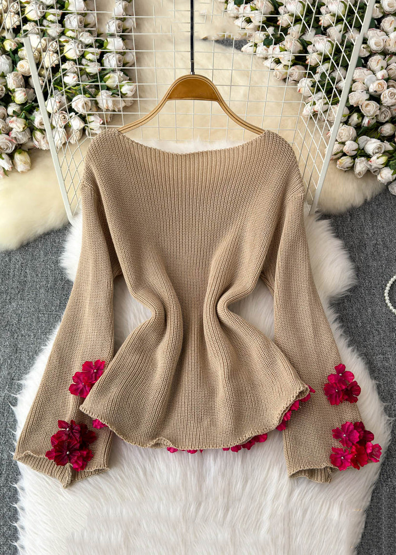Loose Khaki Patchwork Knit Pullover Sweater Flare Sleeve