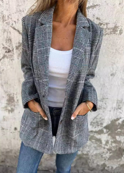 Blue Notched Pockets Plaid Cotton Suit Coats Fall