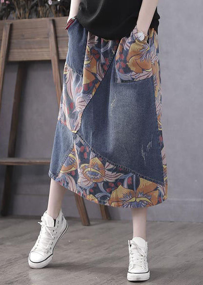 Blue Pockets Print Patchwork Elastic Waist Denim Skirt Spring