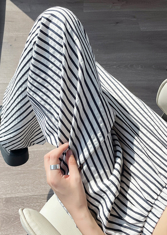New White Striped Pockets High Waist Cotton Pants Summer