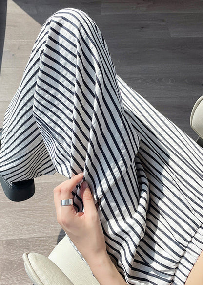 New White Striped Pockets High Waist Cotton Pants Summer