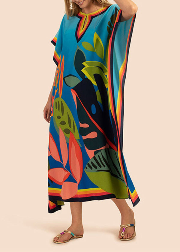 Blue O Neck Print Chiffon Long Dress Summer