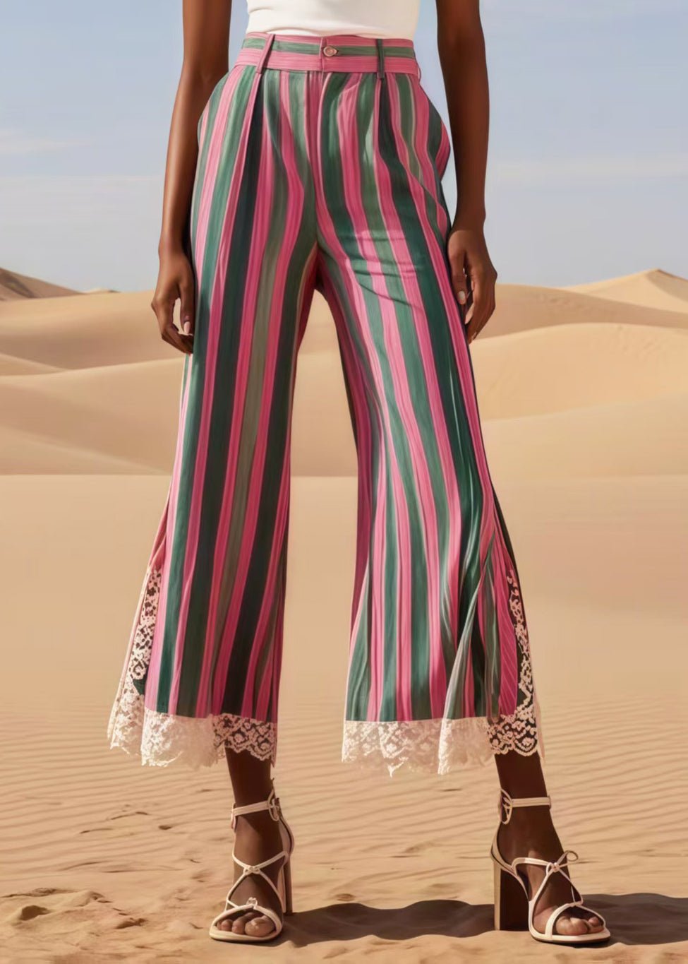 Colorblock Striped Patchwork Lace Bell-bottom Trousers Summer