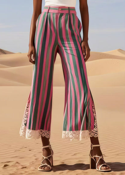 Colorblock Striped Patchwork Lace Bell-bottom Trousers Summer