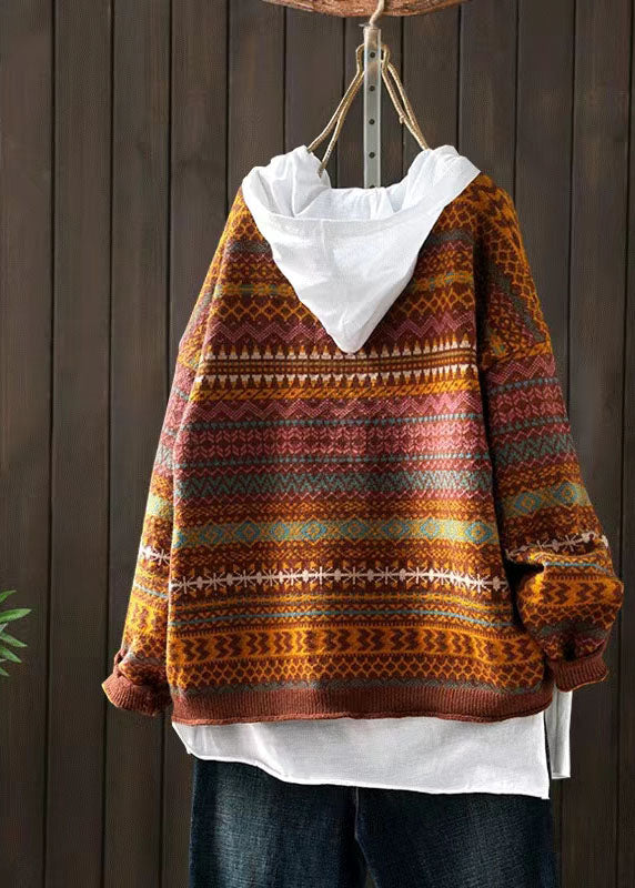 Handmade Yellow Loose V Neck Print Button Fall Knit Cardigan Long Sleeve