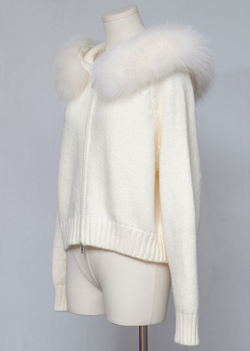 White Hooded Zippered Cozy Patchwork Knit Coat