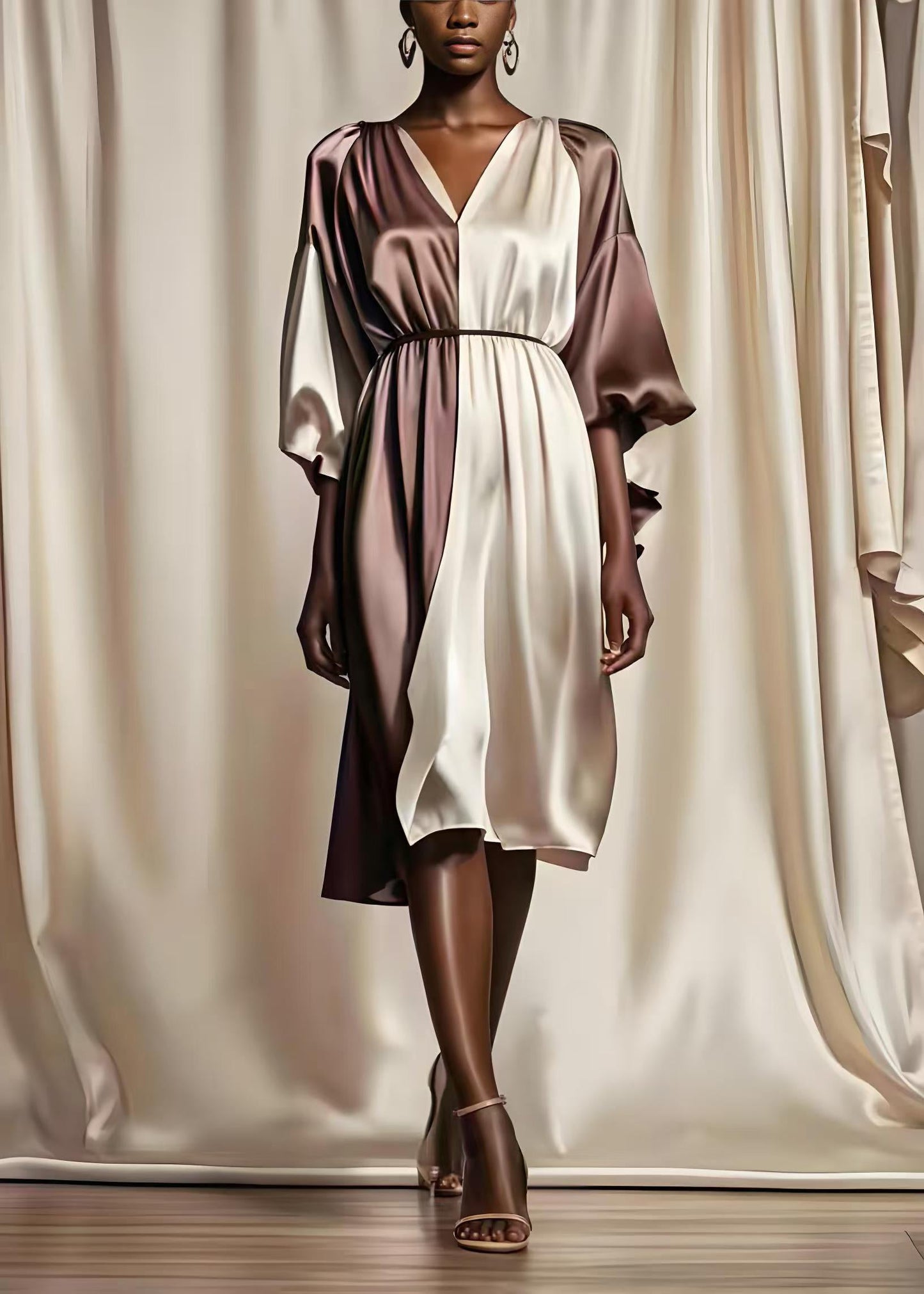 Colorblock V Neck Patchwork Silk Mid Dresses Summer