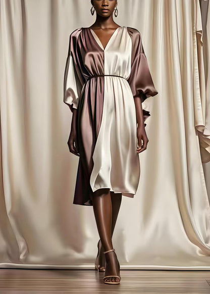 Colorblock V Neck Patchwork Silk Mid Dresses Summer