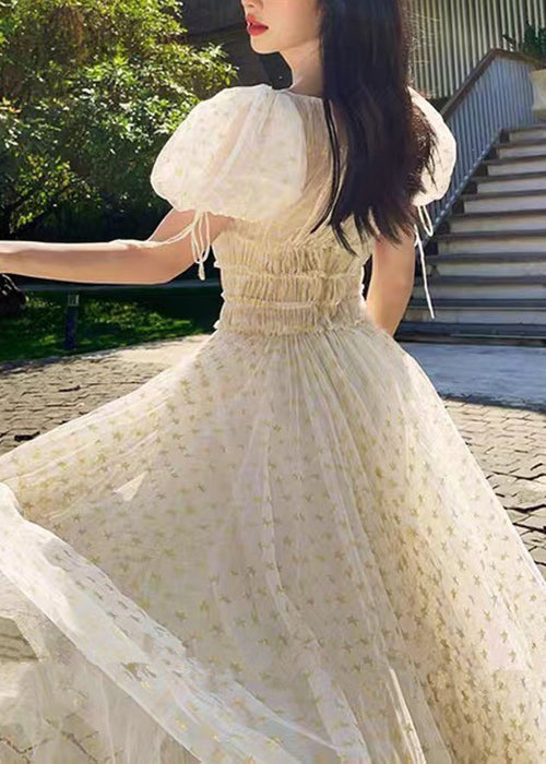 Apricot Ruffled Elastic Waist Tulle Long Dresses Summer