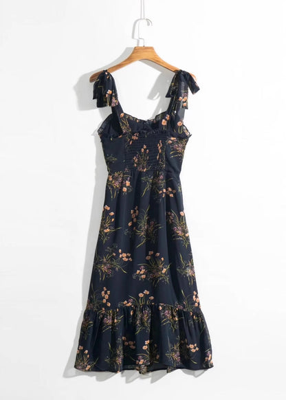 French Black Print Lace Up Chiffon Spaghetti Strap Dresses Summer