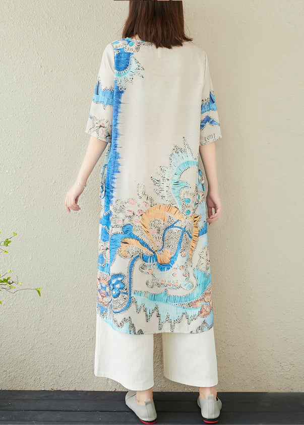 Blue Oversized Print Linen Dresses Summer