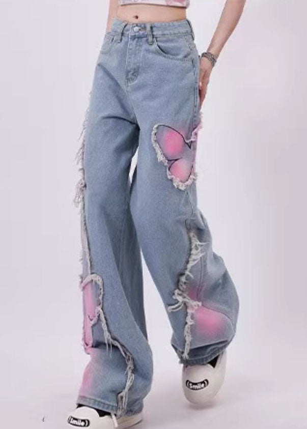 Blue Butterfly Patch Tassel Denim Straight Pants Spring
