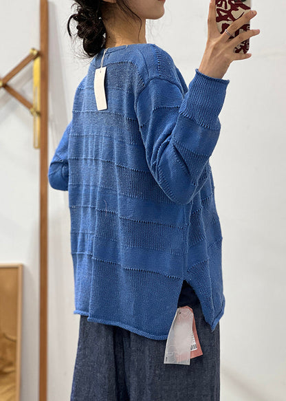 Loose Blue V Neck Hollow Out Cotton Knit Coat Fall