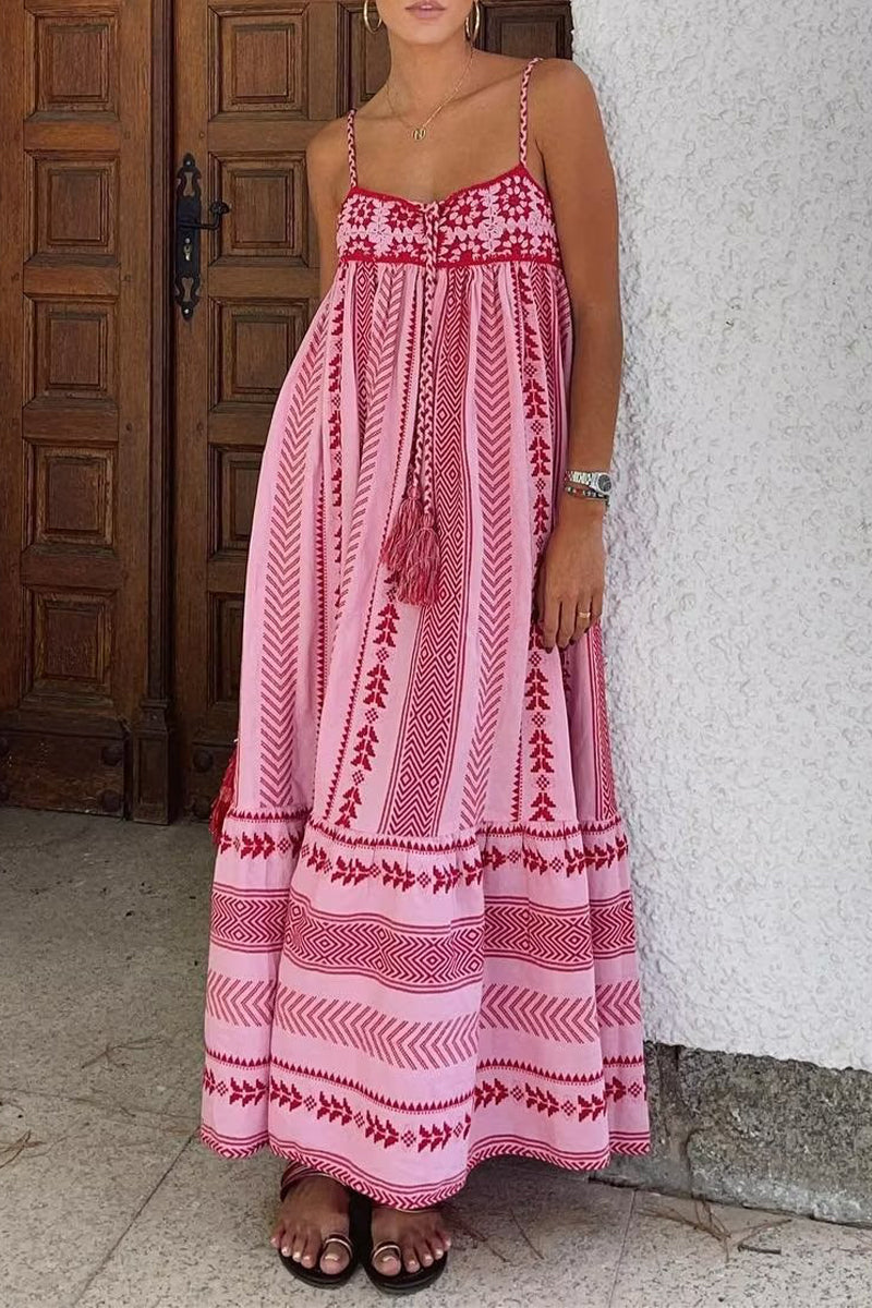 Vacation Geometric Print Hook Flower Patchwork V Neck Sling Dresses