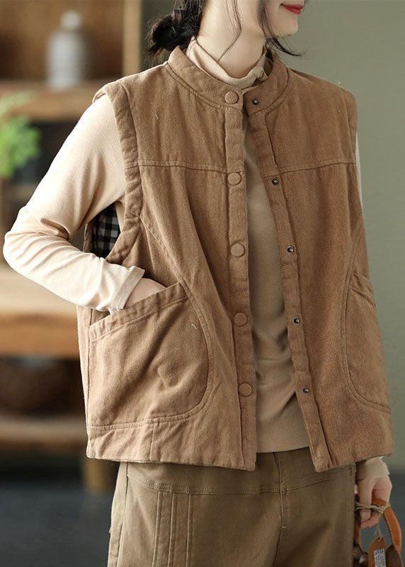 Orange Stand Collar Button Pockets Winter Sleeveless Waistcoat