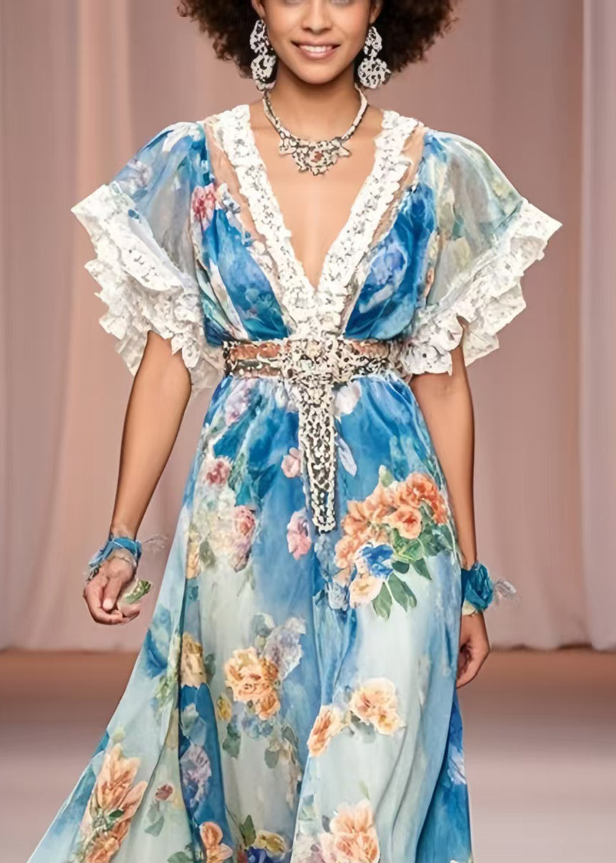 Blue Cinched Print Chiffon Maxi Dress Summer
