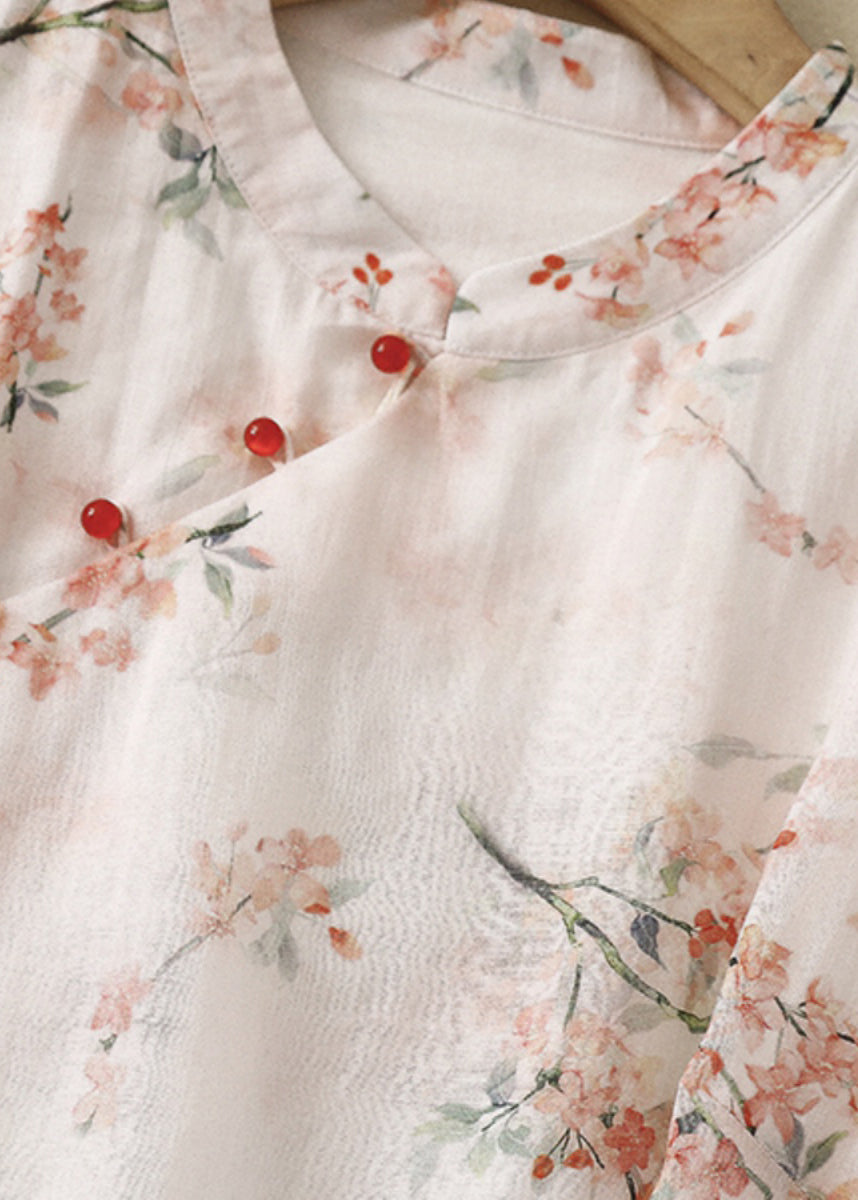 Green Stand Collar Print Linen Blouse Tops Summer