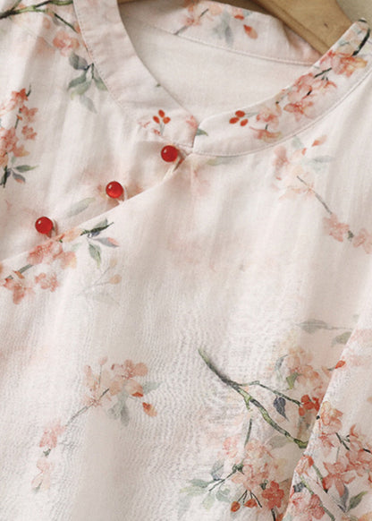 Green Stand Collar Print Linen Blouse Tops Summer