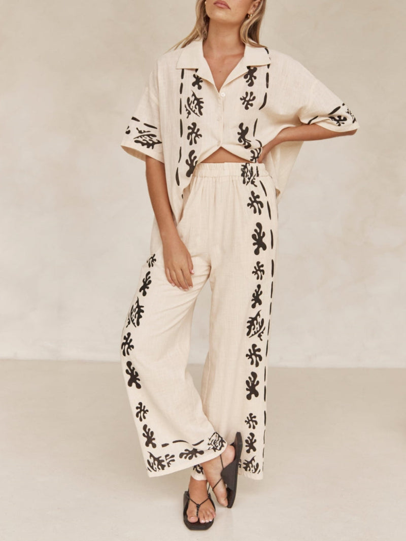 Wide Leg Black Printed Cream Pants
