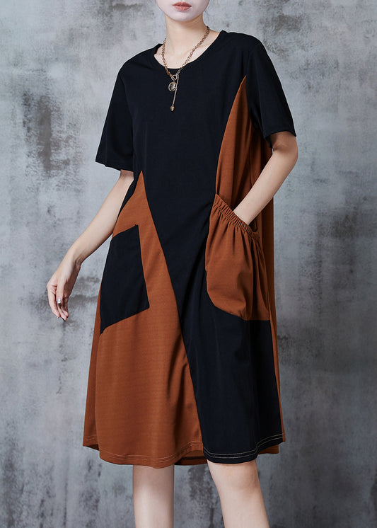 Black Asymmetrical Patchwork Pocket Cotton Dresses Summer