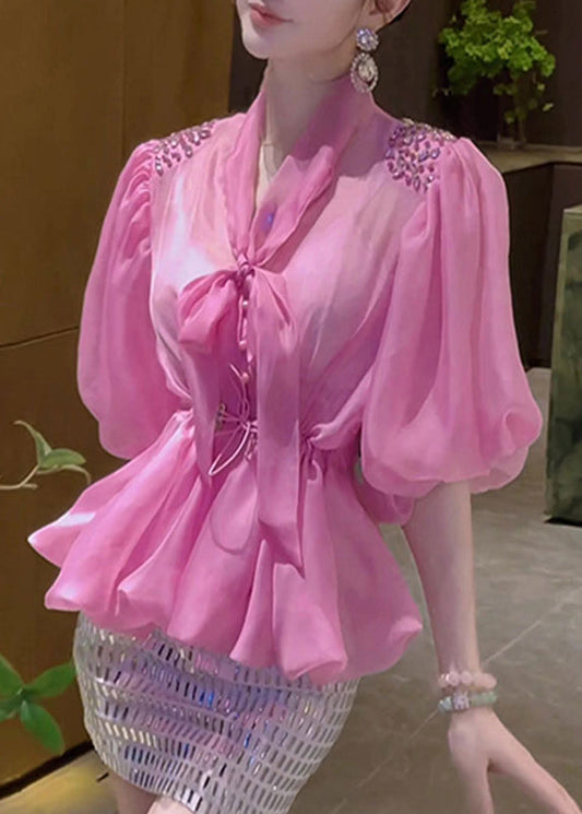 Pink Bow Drawstring Tulle Shirt Puff Sleeve