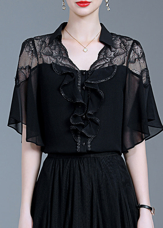 Black Ruffled Lace Patchwork Chiffon Shirt Summer