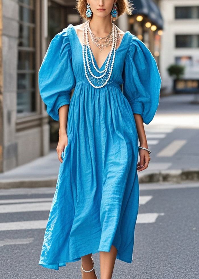 Blue Cotton Holiday Dress V Neck Puff Sleeve