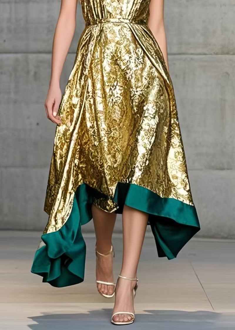 Golden Jacquard Exra Large Hem Halter Dress Summer