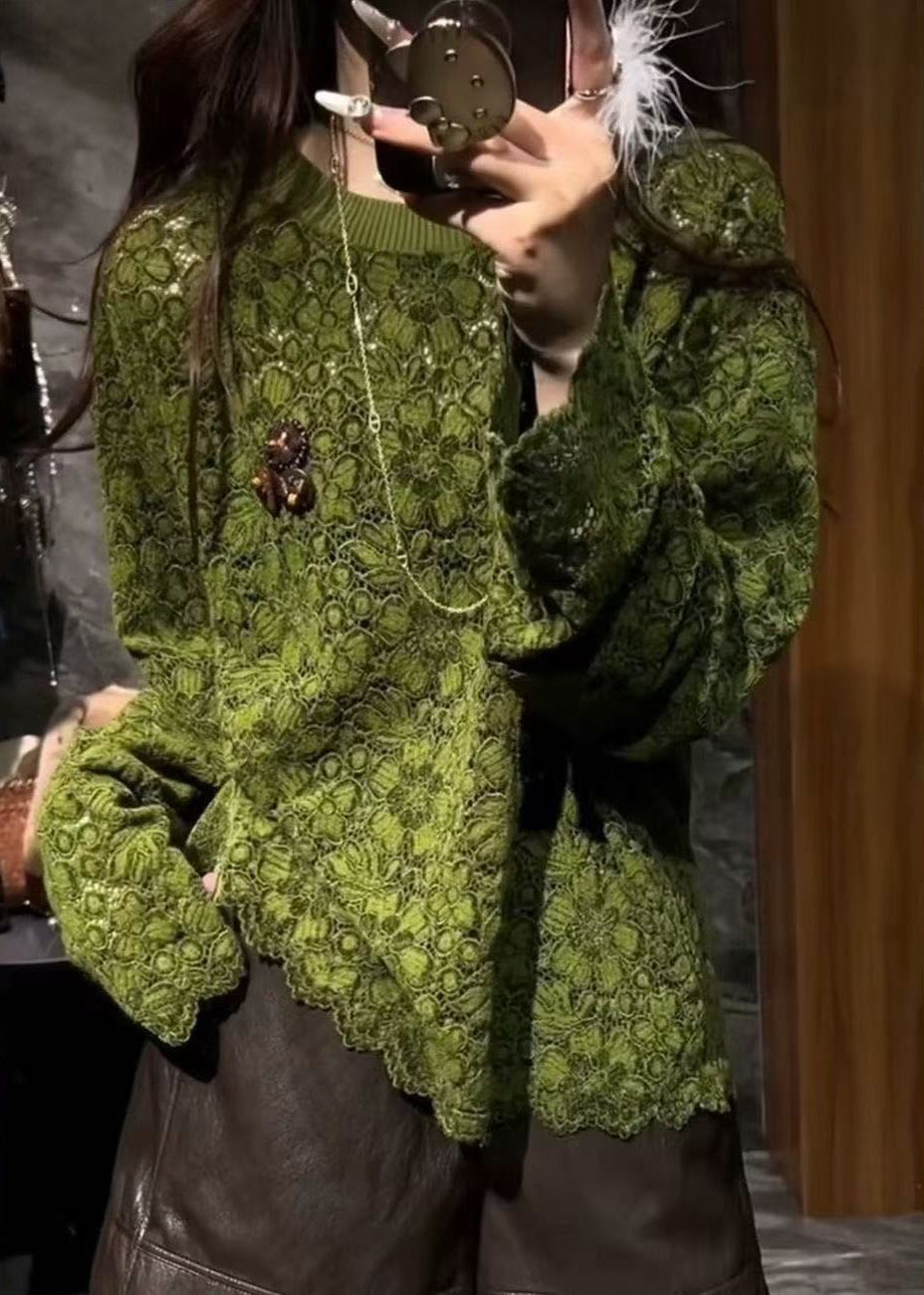Green O Neck Hollow Out Lace T Shirts Fall