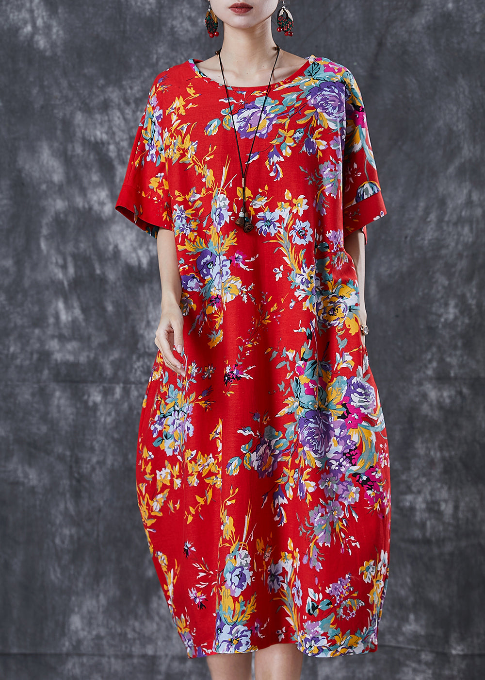 Red Print Cotton Maxi Dress Oversized Summer
