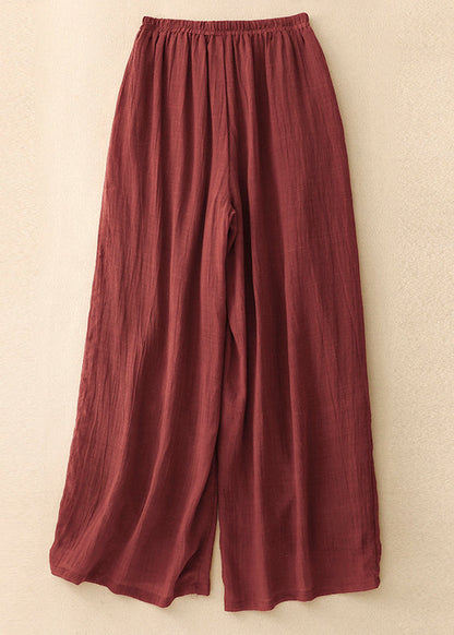 Simple Blackish Green Pockets Elastic Waist Linen Wide Leg Pants Summer