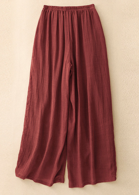 Simple Blackish Green Pockets Elastic Waist Linen Wide Leg Pants Summer