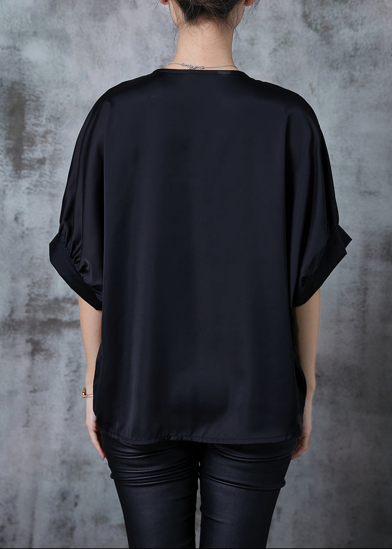 Black V Neck Patchwork Silk Shirt Top Summer