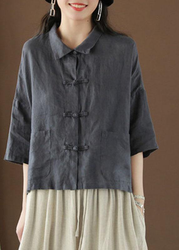 Green Peter Pan Collar Pockets Summer Linen Top