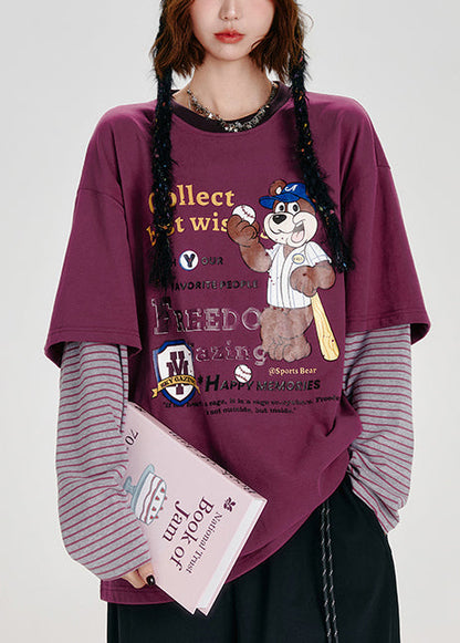 Purple Oversized Patchwork Cotton Fake Two Piece Pullover Tops Spring