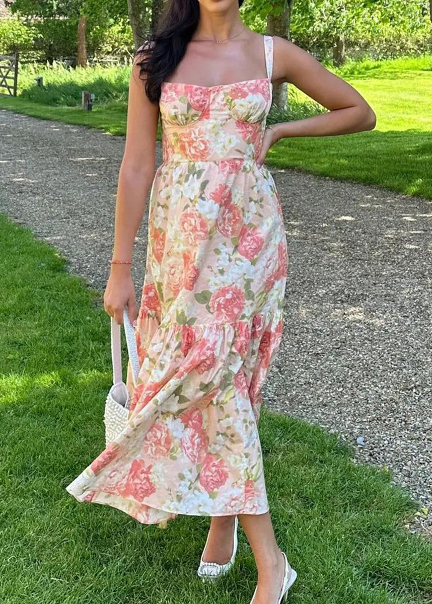 New Beige Print Wrinkled Cotton Spaghetti Strap Dress Summer