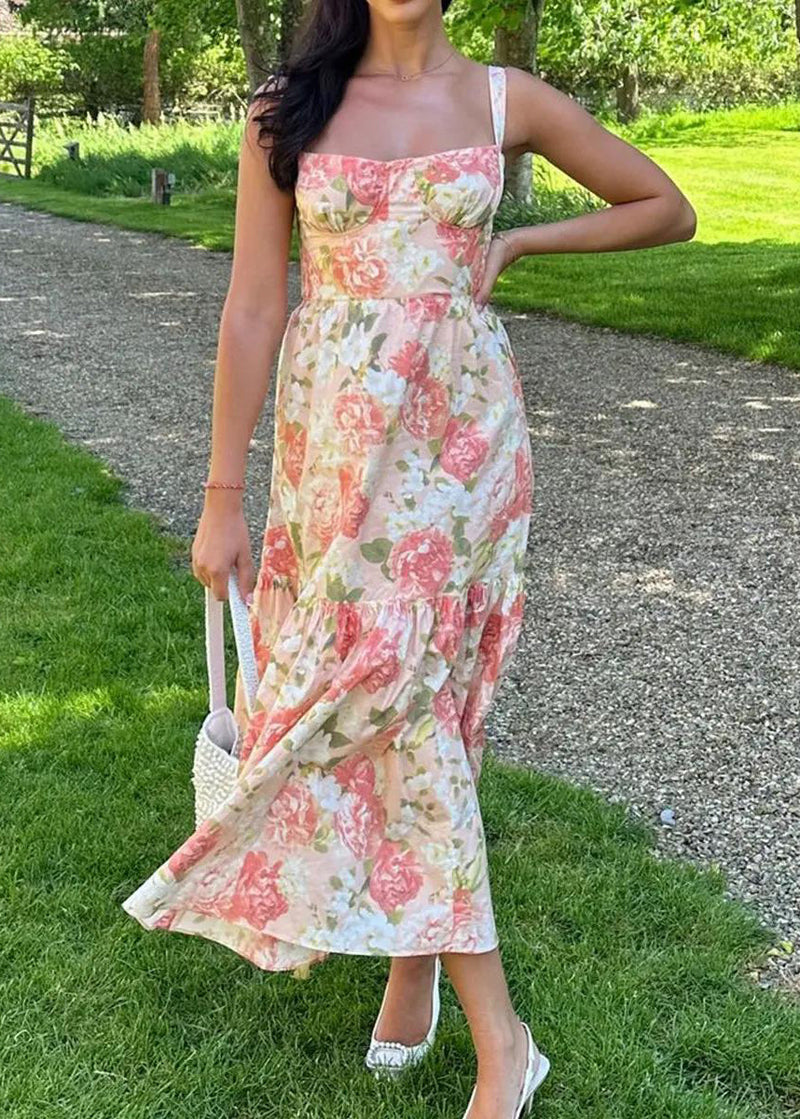 New Beige Print Wrinkled Cotton Spaghetti Strap Dress Summer