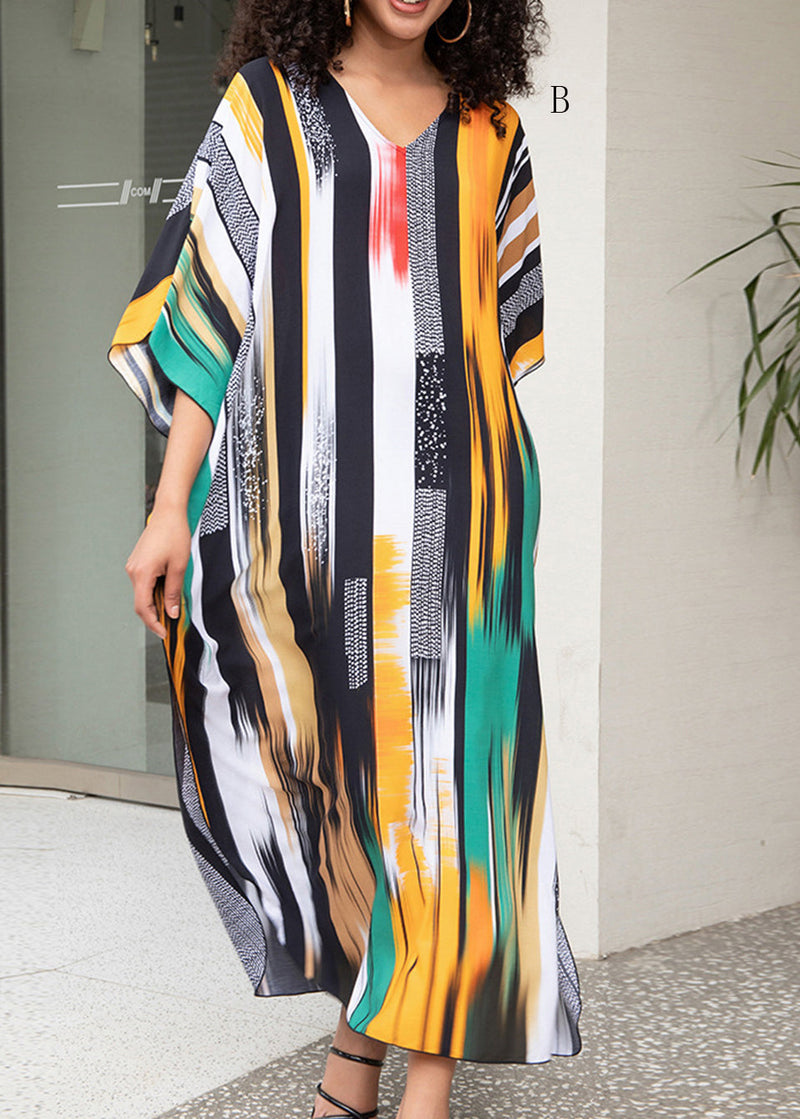 V Neck Print Side Open Cotton Long Dresses Summer