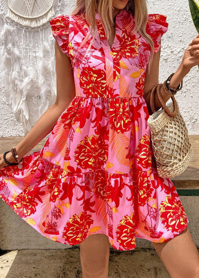White V Neck Print Cotton Dresses Butterfly Sleeve