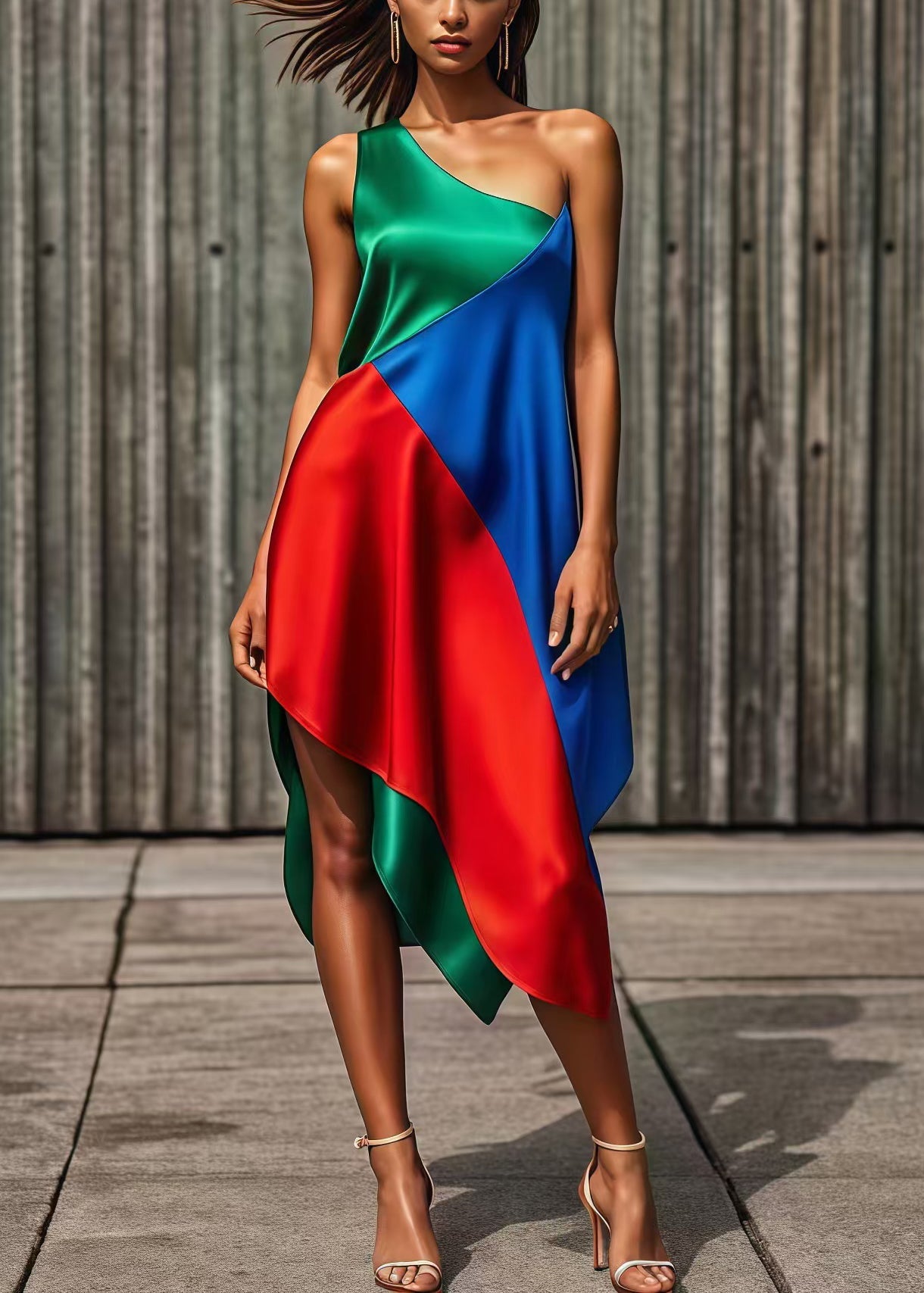 Colorblock One Shoulder Asymmetrical Patchwork Silk Holiday Dress Summer