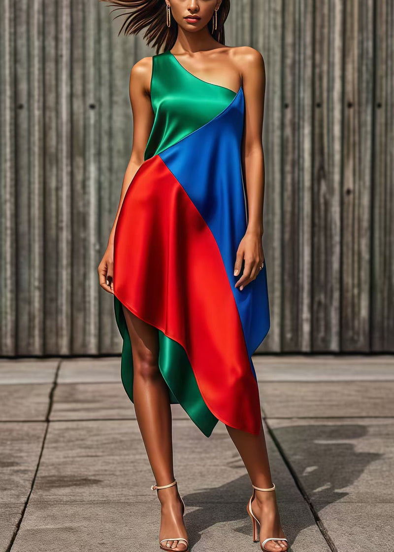 Colorblock One Shoulder Asymmetrical Patchwork Silk Holiday Dress Summer