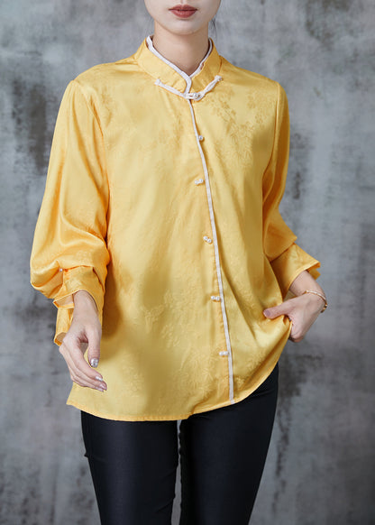 Yellow Mandarin Collar Jacquard Silk Shirt Tops Fall