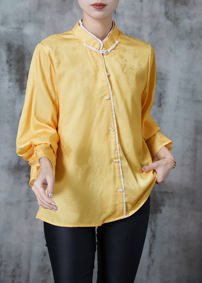 Yellow Mandarin Collar Jacquard Silk Shirt Tops Fall