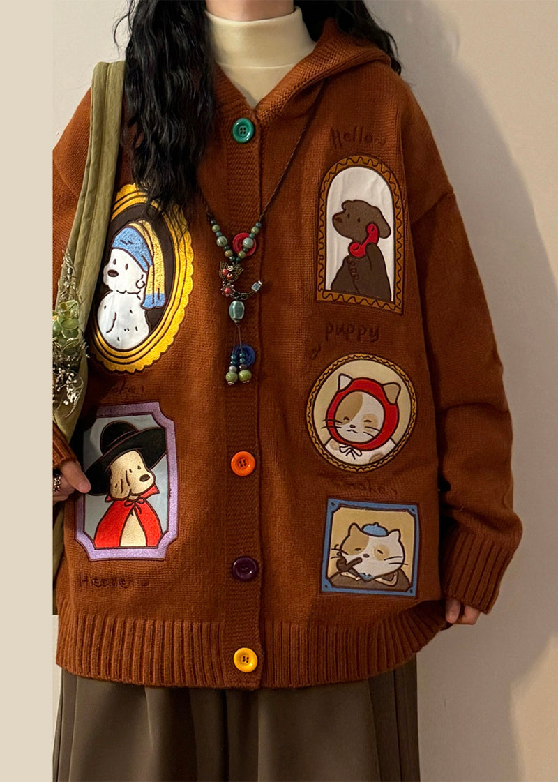 Brown Hooded Applique Button Knit Coats Spring