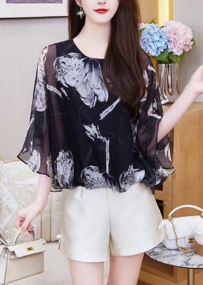 French Black O Neck Print Chiffon Top Summer